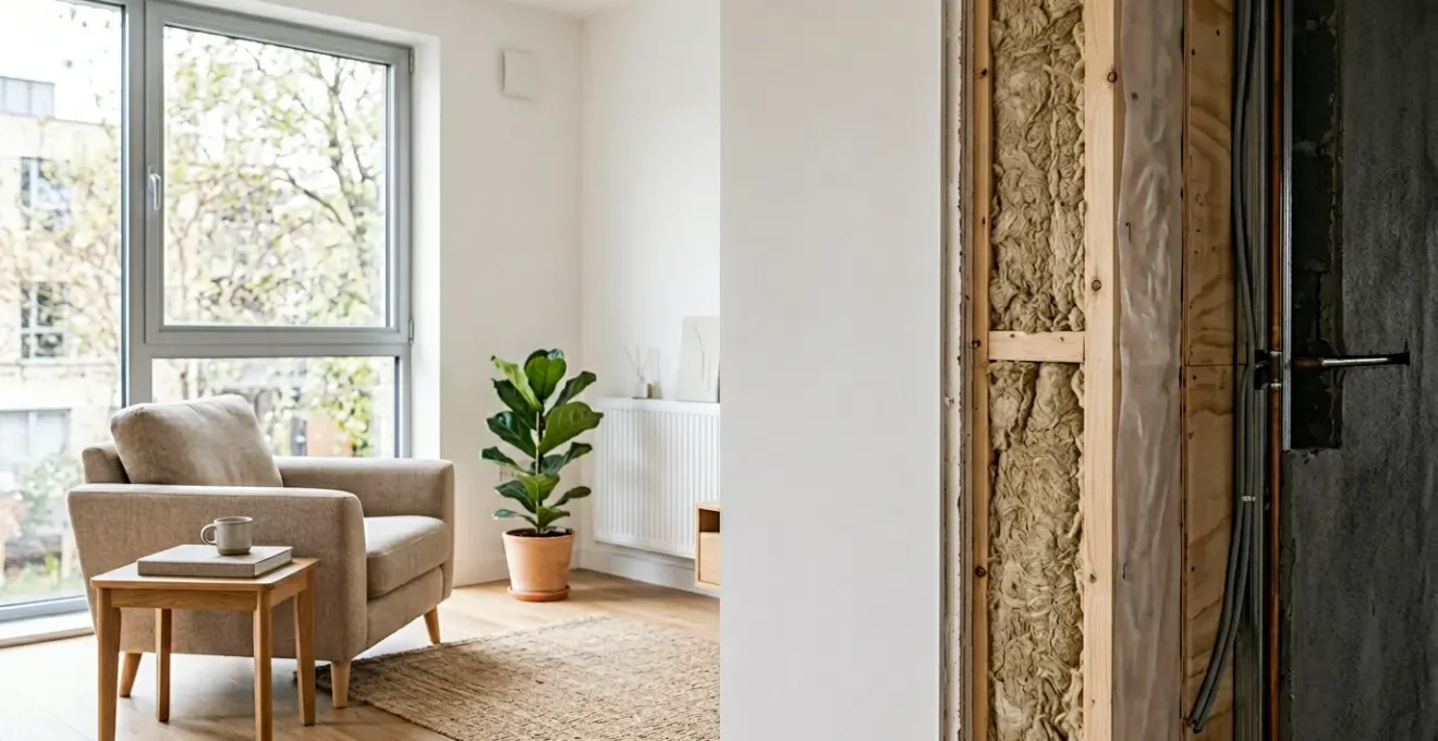 Vue intérieure d'une petite pièce avec isolation thermique visible en coupe murale montrant les différentes couches d'isolants