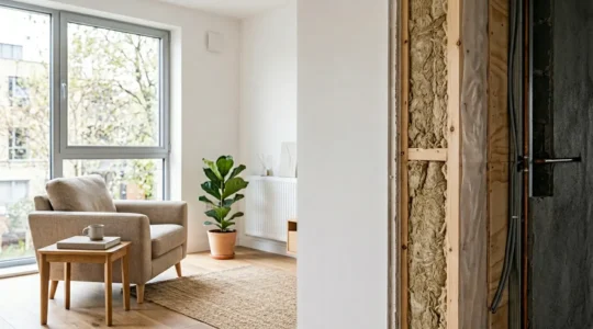 Vue intérieure d'une petite pièce avec isolation thermique visible en coupe murale montrant les différentes couches d'isolants