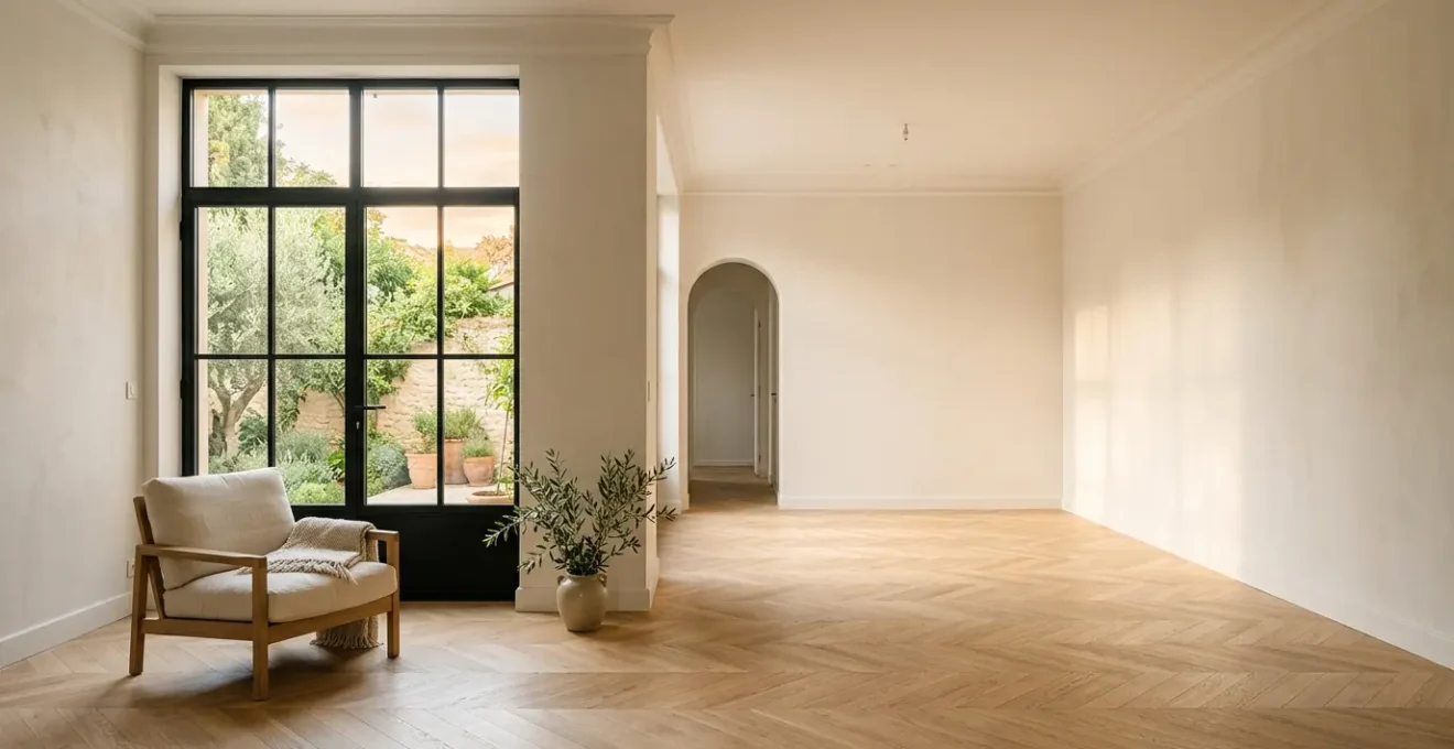 Lumière du soleil traversant une grande fenêtre contemporaine dans une pièce à vivre française