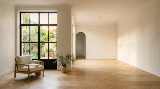Lumière du soleil traversant une grande fenêtre contemporaine dans une pièce à vivre française