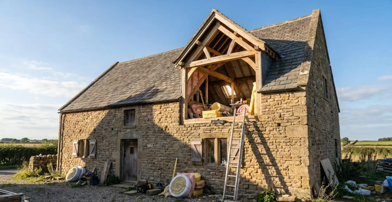 Vue d'une maison ancienne en pierre avec combles aménagés et isolation visible