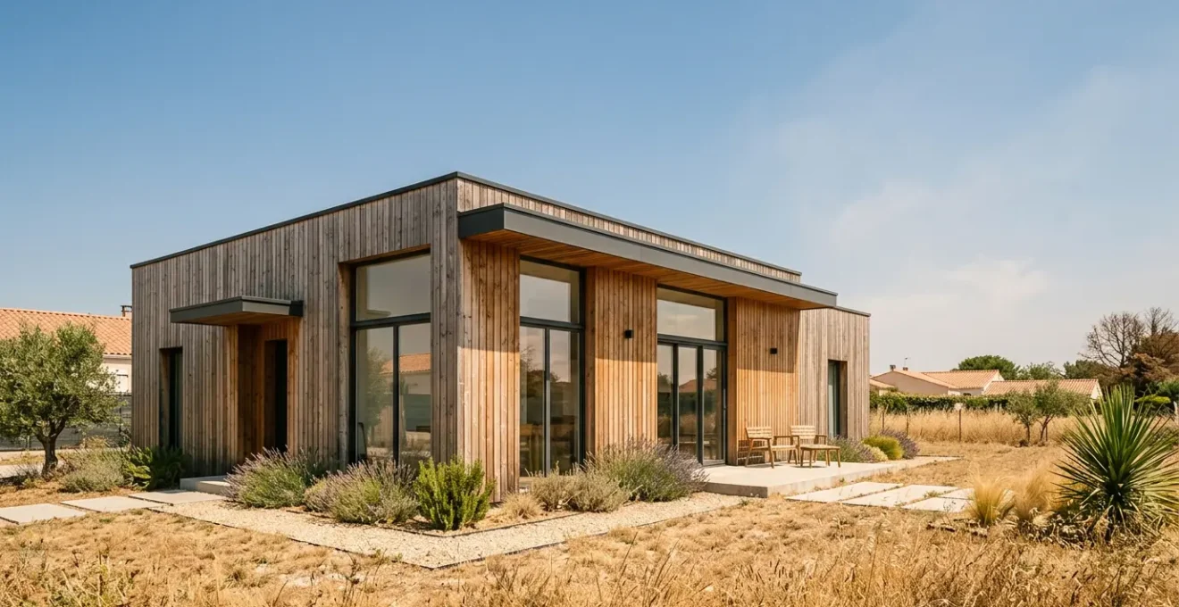 Façade d'une maison contemporaine à ossature bois avec grandes baies vitrées en été sous un soleil intense