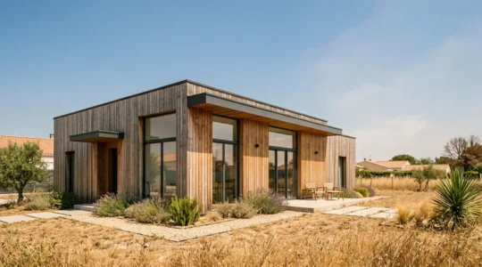 Façade d'une maison contemporaine à ossature bois avec grandes baies vitrées en été sous un soleil intense
