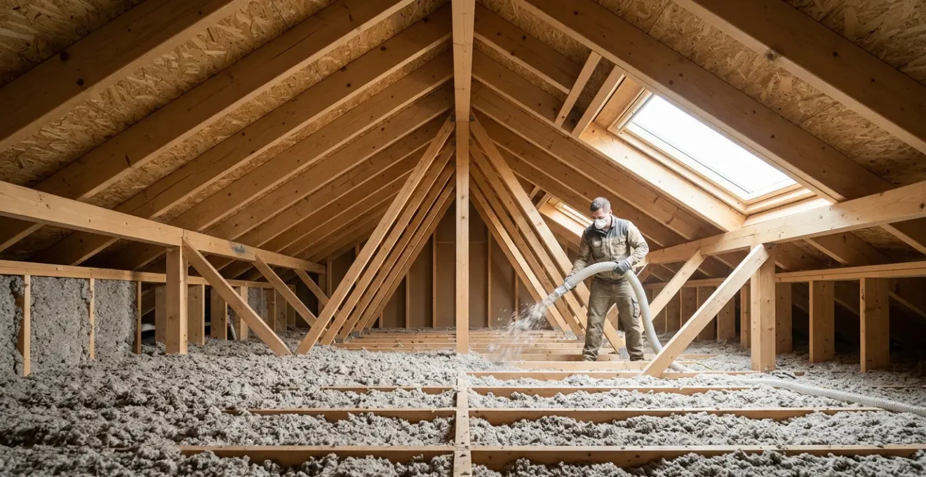 Vue aérienne d'une maison de plain-pied avec combles en cours d'isolation à la ouate de cellulose
