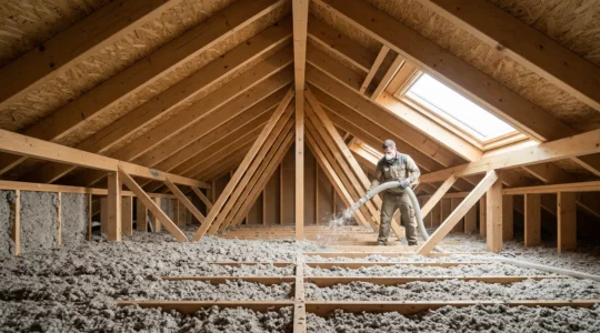 Vue aérienne d'une maison de plain-pied avec combles en cours d'isolation à la ouate de cellulose
