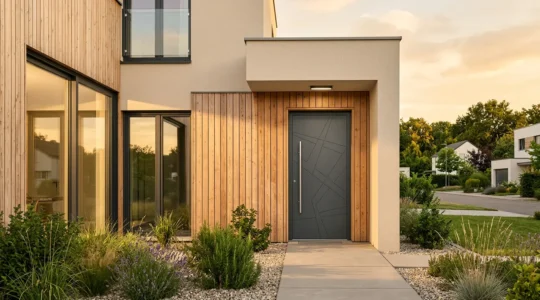 Vue extérieure d'une maison avec porte blindée moderne et fenêtres sécurisées montrant l'équilibre entre sécurité et isolation