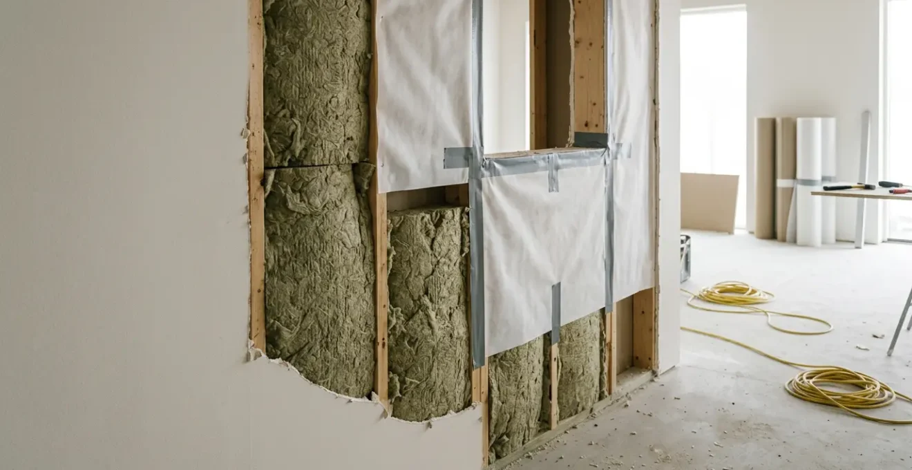 Professionnel inspectant l'étanchéité à l'air d'une maison en rénovation avec détails d'isolation et membranes visibles