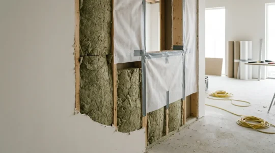 Professionnel inspectant l'étanchéité à l'air d'une maison en rénovation avec détails d'isolation et membranes visibles