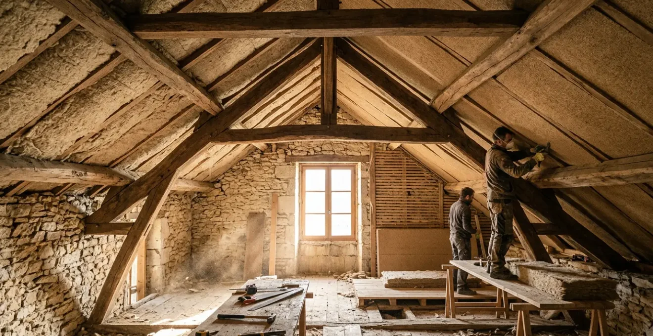 Vue intérieure d'une maison ancienne en cours de rénovation avec isolation biosourcée visible