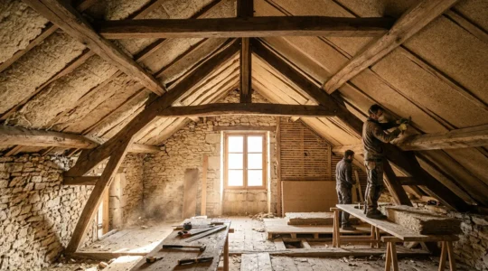 Vue intérieure d'une maison ancienne en cours de rénovation avec isolation biosourcée visible