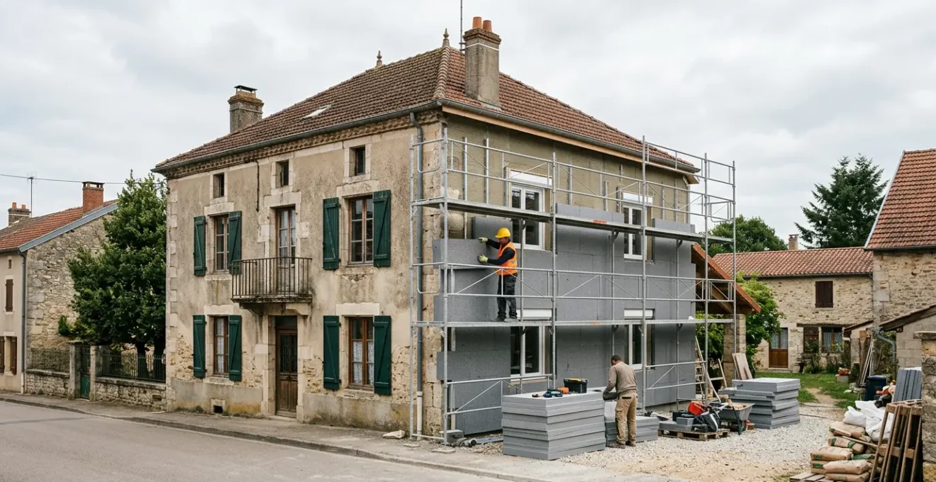 Façade de maison en cours de rénovation avec isolation thermique par l'extérieur et nouvelles fenêtres