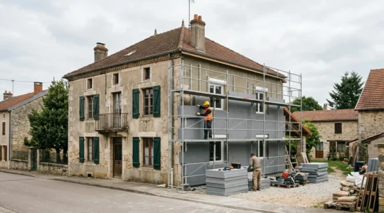 Façade de maison en cours de rénovation avec isolation thermique par l'extérieur et nouvelles fenêtres