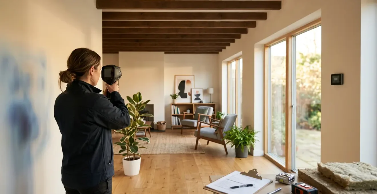 Vue intérieure d'une maison rénovée montrant une caméra thermique en utilisation et des outils de diagnostic énergétique