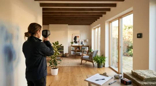 Vue intérieure d'une maison rénovée montrant une caméra thermique en utilisation et des outils de diagnostic énergétique