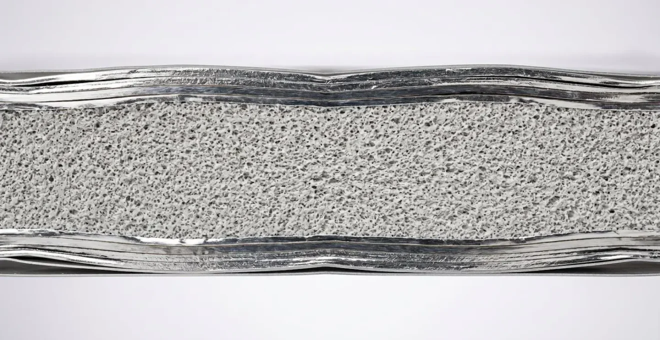 Coupe transversale d'un panneau isolant sous vide montrant la structure multicouche
