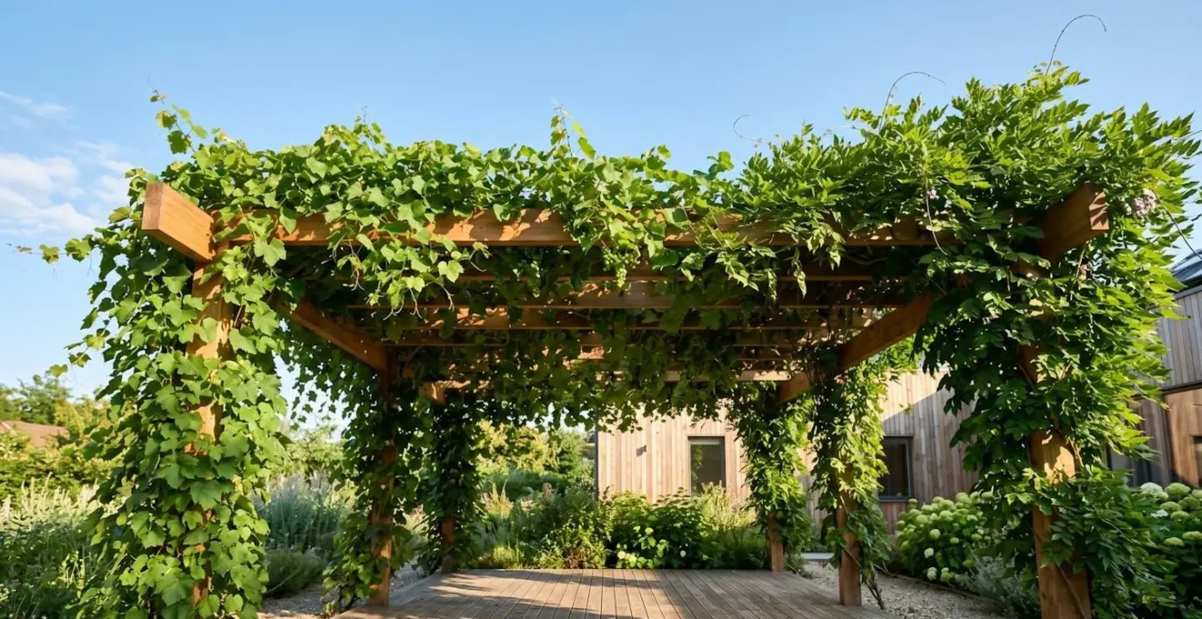 Pergola couverte de plantes grimpantes à feuillage dense créant une ombre naturelle en été