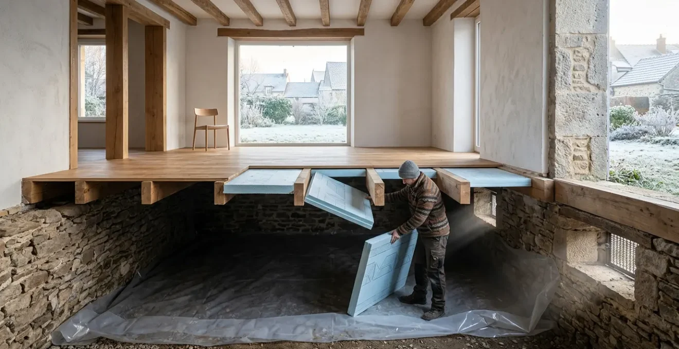 Vue en coupe d'une maison montrant l'isolation du plancher bas sur vide sanitaire avec matériaux isolants et système de ventilation