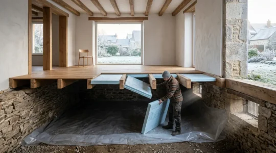 Vue en coupe d'une maison montrant l'isolation du plancher bas sur vide sanitaire avec matériaux isolants et système de ventilation