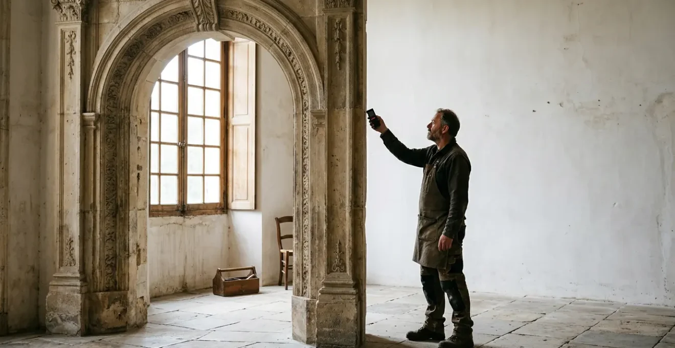 Encadrement historique en pierre avec prise de mesures précises pour une porte sur-mesure