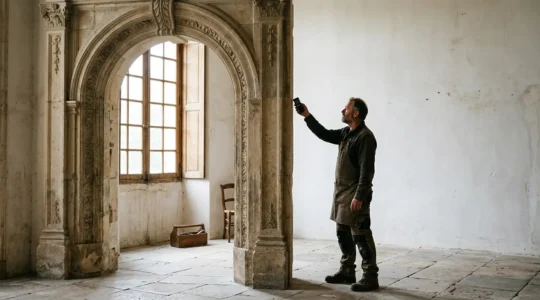 Encadrement historique en pierre avec prise de mesures précises pour une porte sur-mesure