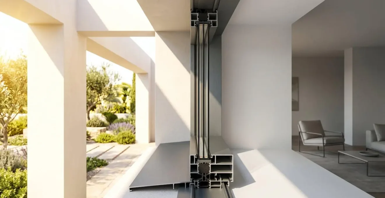 Coupe transversale d'un profilé aluminium avec rupture de pont thermique sous exposition solaire estivale