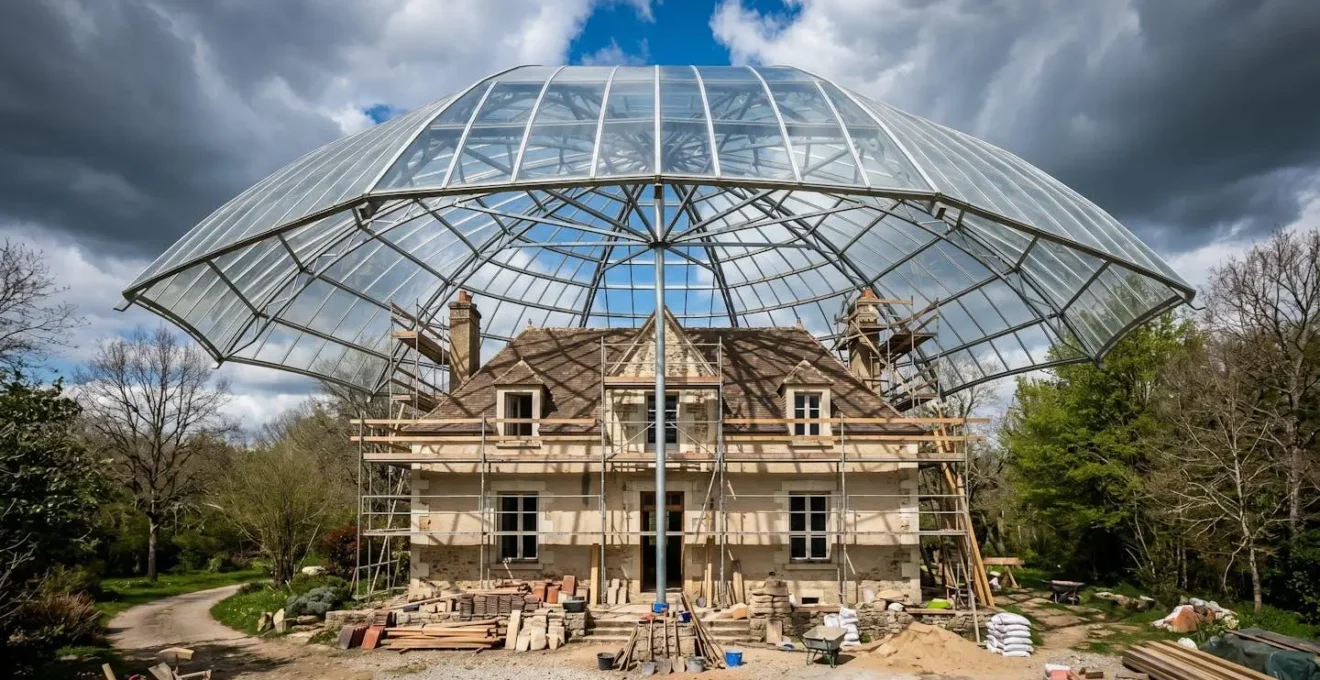 Vue symbolique d'une maison en rénovation protégée par un parapluie transparent géant