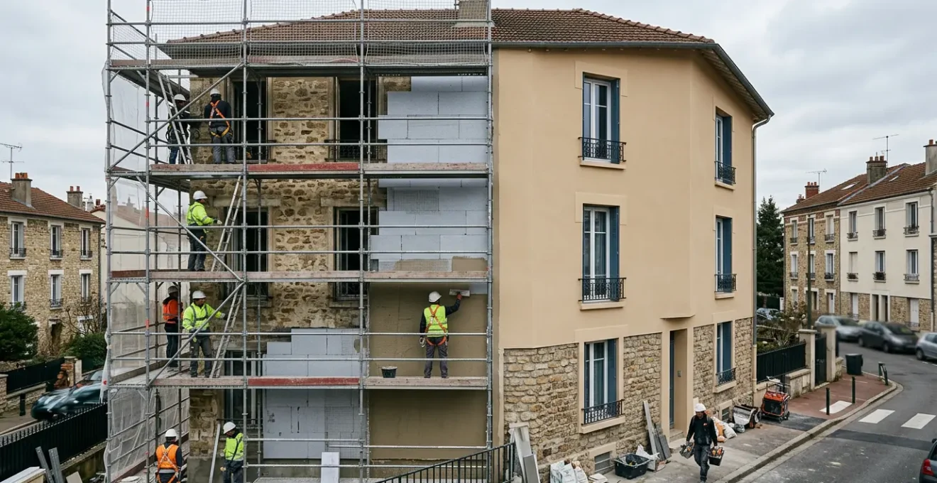 Façade de maison en cours de ravalement avec pose d'isolation thermique extérieure, échafaudage visible et ouvriers appliquant l'isolant sur les murs