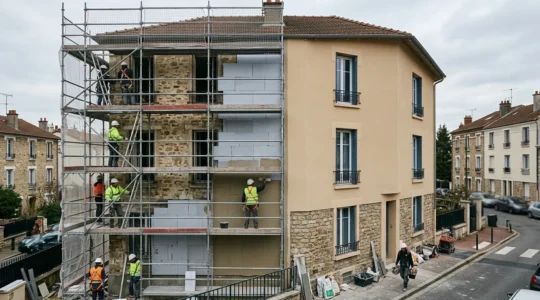 Façade de maison en cours de ravalement avec pose d'isolation thermique extérieure, échafaudage visible et ouvriers appliquant l'isolant sur les murs