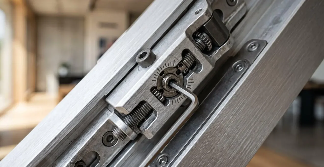 Gros plan sur le mécanisme de réglage tridimensionnel d'une paumelle de fenêtre en aluminium avec triple vitrage