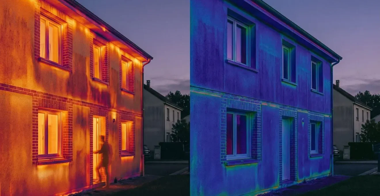 Thermographie infrarouge d'une façade de maison montrant les ponts thermiques en couleurs chaudes