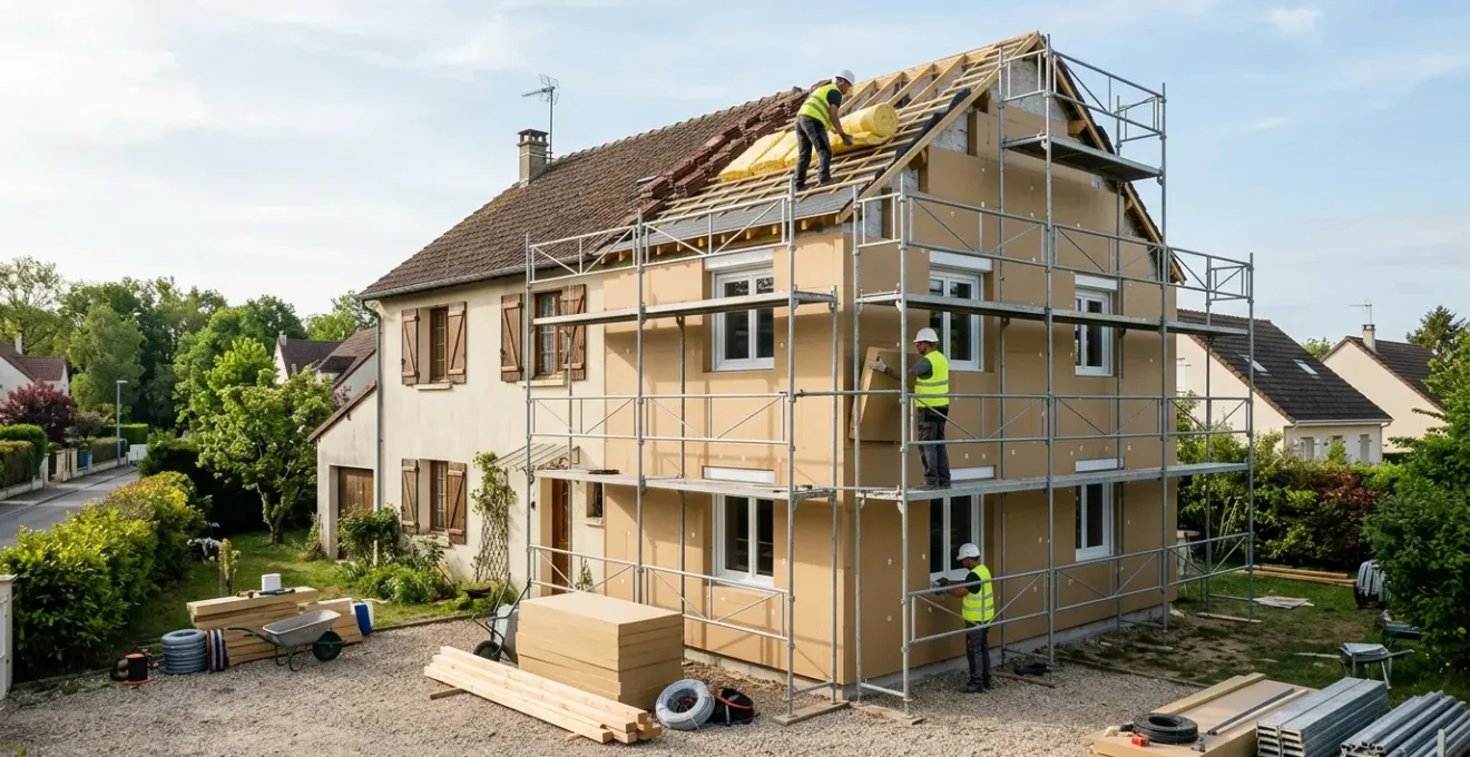 Vue d'ensemble d'une maison en cours de rénovation énergétique avec échafaudages et artisans travaillant sur l'isolation extérieure, le toit et les fenêtres