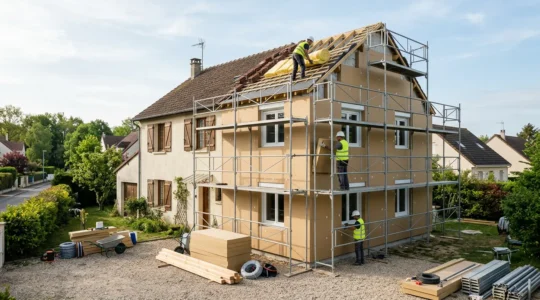 Vue d'ensemble d'une maison en cours de rénovation énergétique avec échafaudages et artisans travaillant sur l'isolation extérieure, le toit et les fenêtres