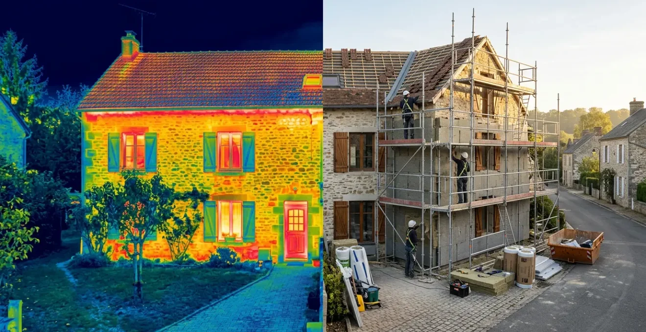 Vue comparative d'une maison ancienne en cours de rénovation énergétique montrant l'isolation thermique et les diagnostics
