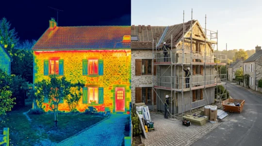 Vue comparative d'une maison ancienne en cours de rénovation énergétique montrant l'isolation thermique et les diagnostics