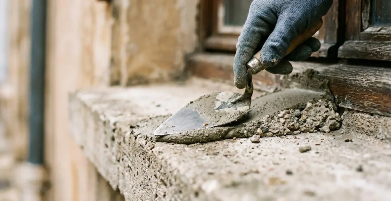 Vue macro d'un appui de fenêtre en béton en cours de réparation avec mortier de résine et création d'un larmier