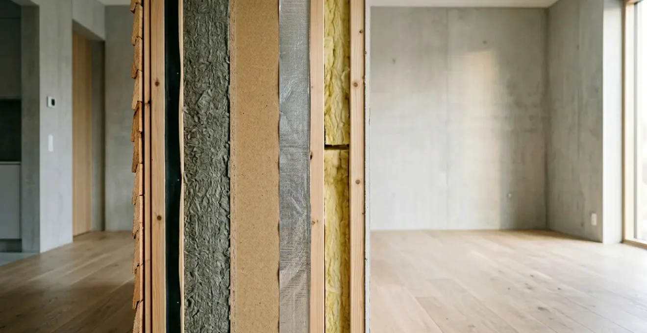 Vue en coupe d'un mur isolé montrant différentes épaisseurs d'isolants et leur performance thermique