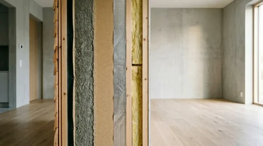 Vue en coupe d'un mur isolé montrant différentes épaisseurs d'isolants et leur performance thermique