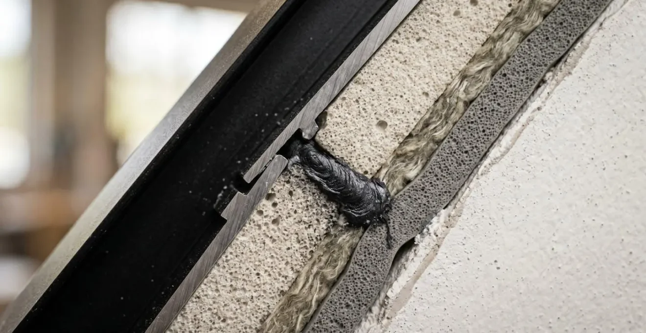 Détail technique d'installation d'un rupteur thermique autour d'une fenêtre