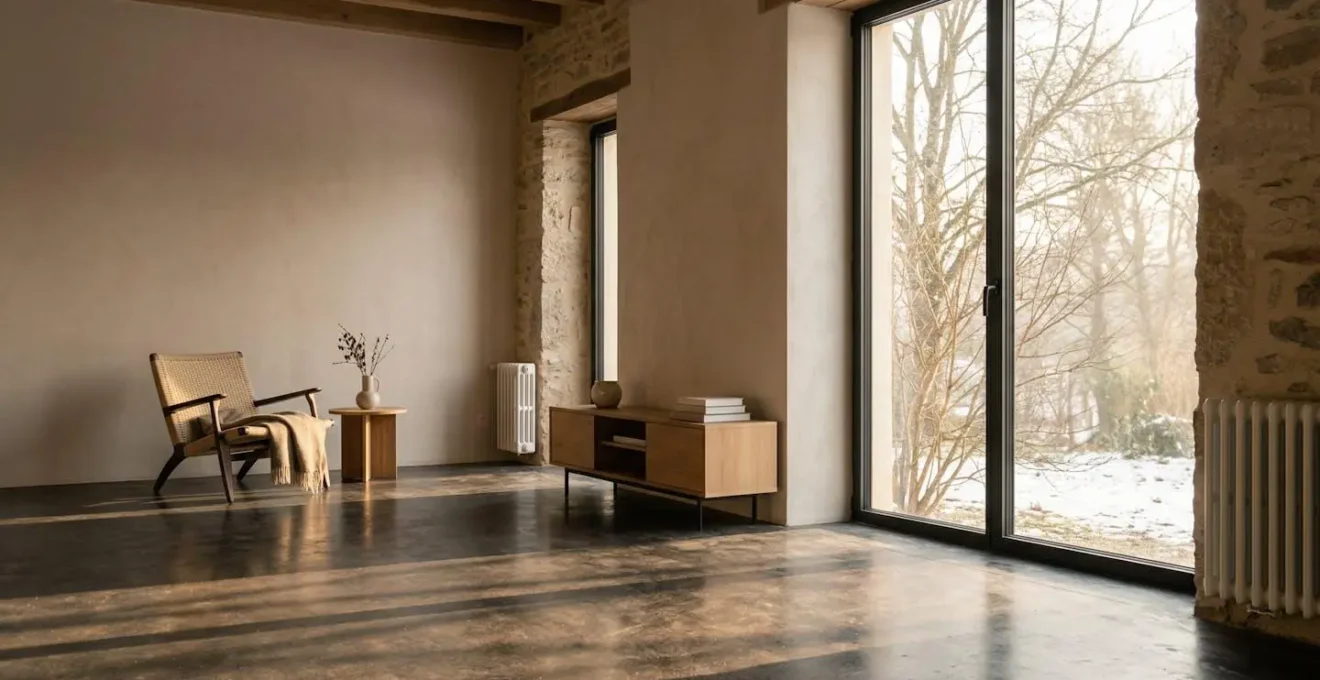 Salon lumineux avec grande baie vitrée orientée plein sud capturant le soleil d'hiver pour un chauffage naturel et gratuit