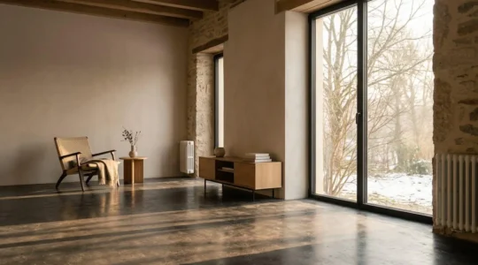 Salon lumineux avec grande baie vitrée orientée plein sud capturant le soleil d'hiver pour un chauffage naturel et gratuit