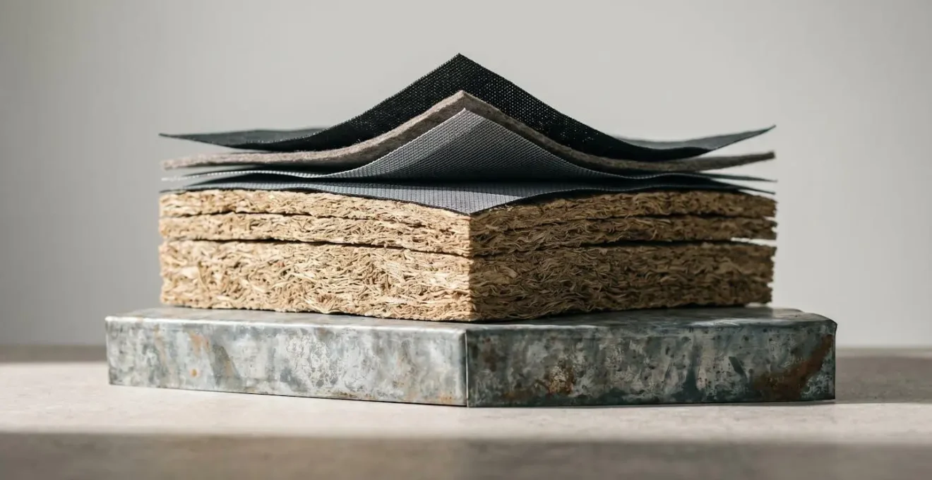 Vue en coupe architecturale d'un système de sarking acoustique avec panneaux de fibre de bois haute densité sous toiture zinc