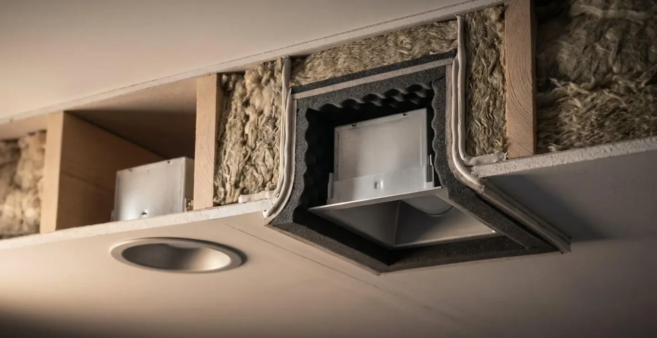 Capot acoustique installé sur un spot encastré pour préserver l'isolation phonique du plafond
