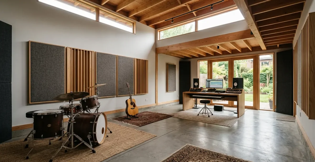 Vue d'ensemble d'un studio de musique professionnel aménagé dans un garage avec traitement acoustique