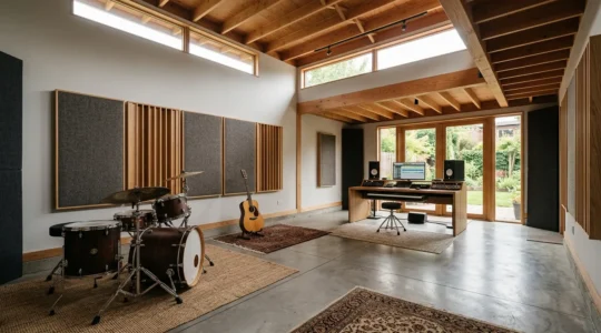 Vue d'ensemble d'un studio de musique professionnel aménagé dans un garage avec traitement acoustique