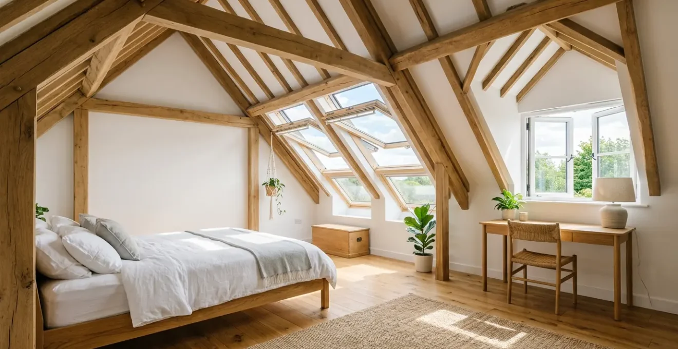 Suite parentale spacieuse et lumineuse sous les combles avec système de ventilation naturelle visible