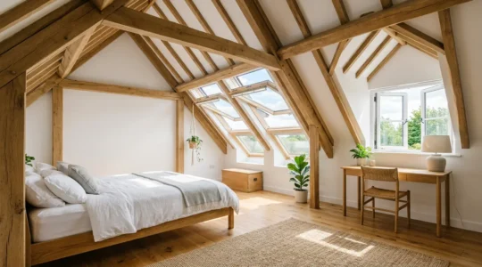 Suite parentale spacieuse et lumineuse sous les combles avec système de ventilation naturelle visible