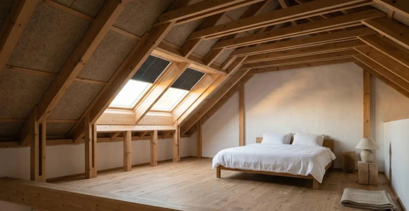 Chambre mansardée lumineuse avec poutres apparentes et isolation visible, stores occultants sur velux