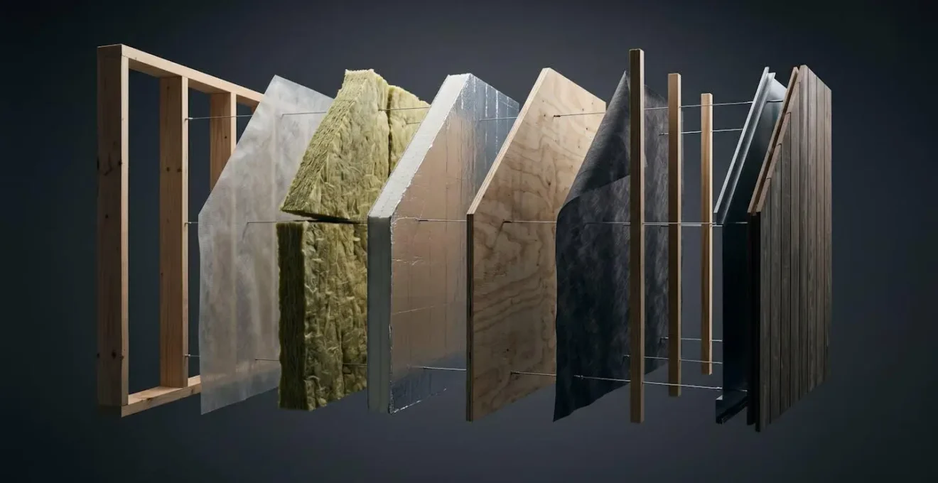 Vue éclatée des différentes couches d'isolation d'un mur intérieur avec pare-vapeur