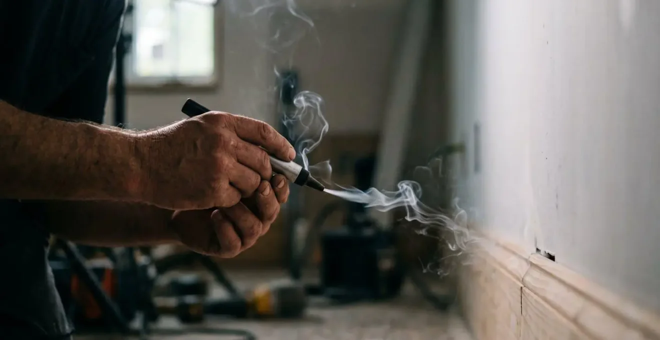 Test fumigène en cours montrant la fumée aspirée dans une fuite d'air au niveau d'une plinthe
