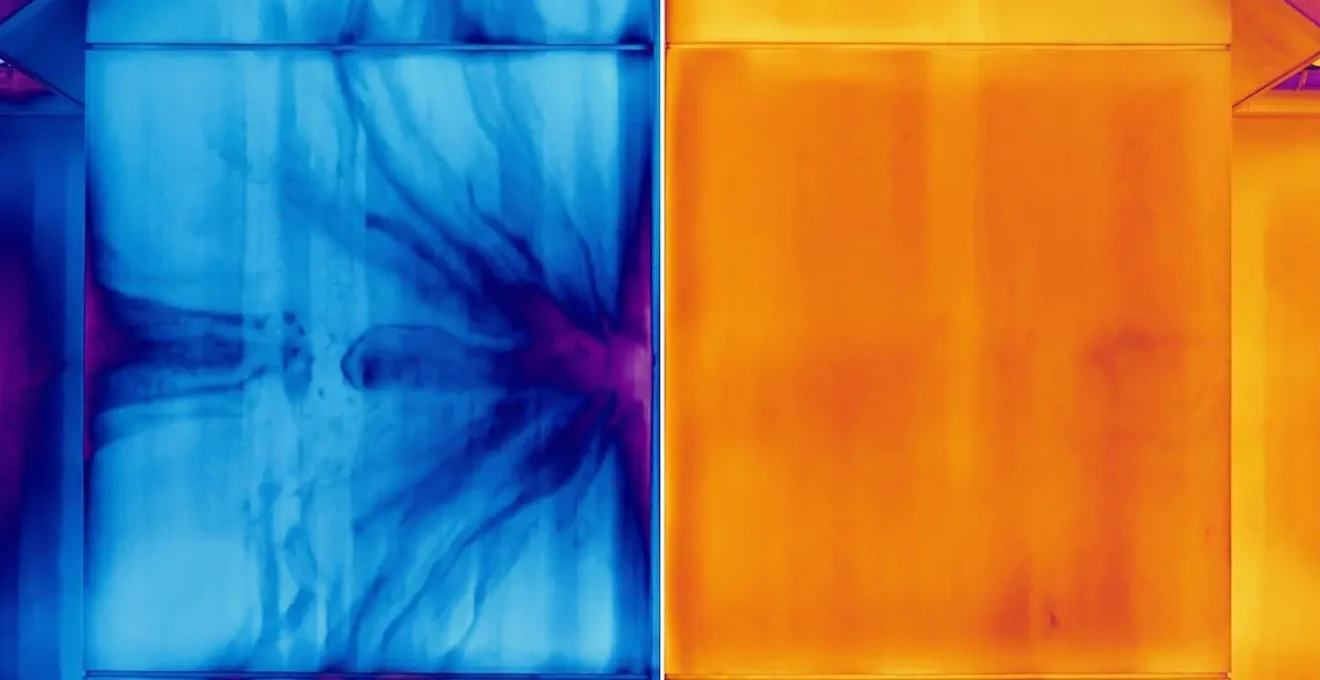Image thermographique montrant la différence de température entre un mur avec ITE et un mur simplement enduit